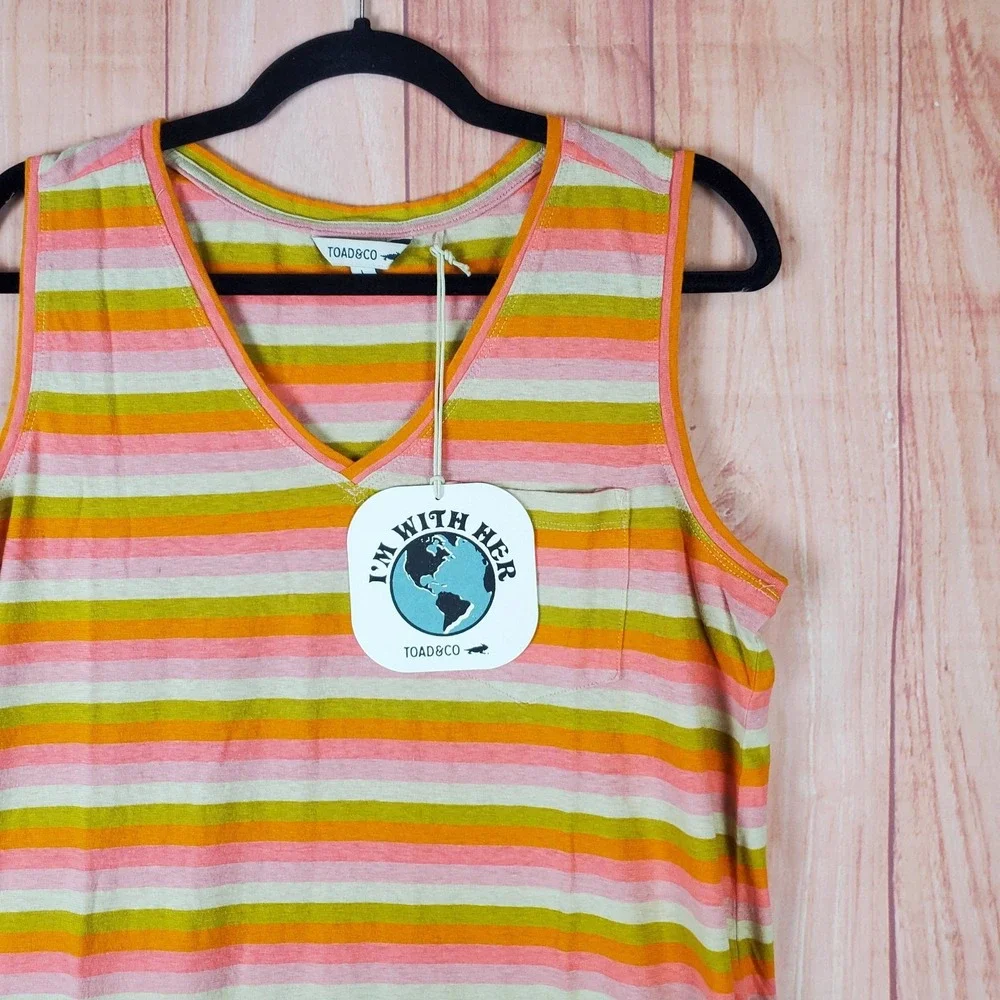 Toad & Co Grom Tank Dress Womens Large Orange Cotton Striped Logo Pockets V Neck - Picture 2 of 9